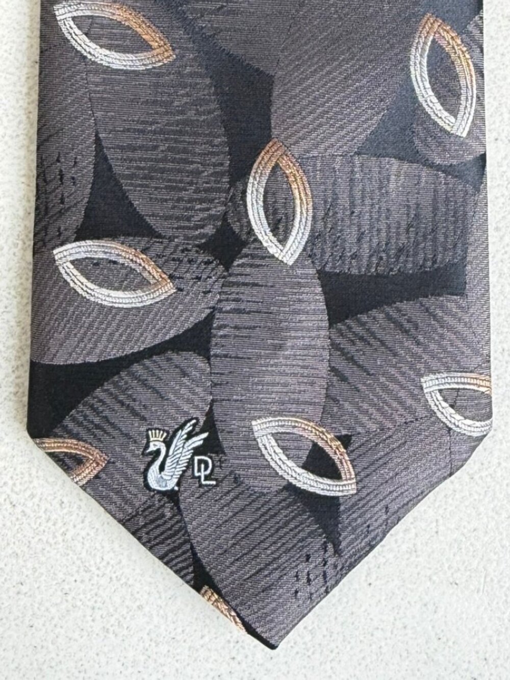 Vintage Don Loper Geometric Oval Print Tie 90s Taupe/Black Jacquard Necktie  Con